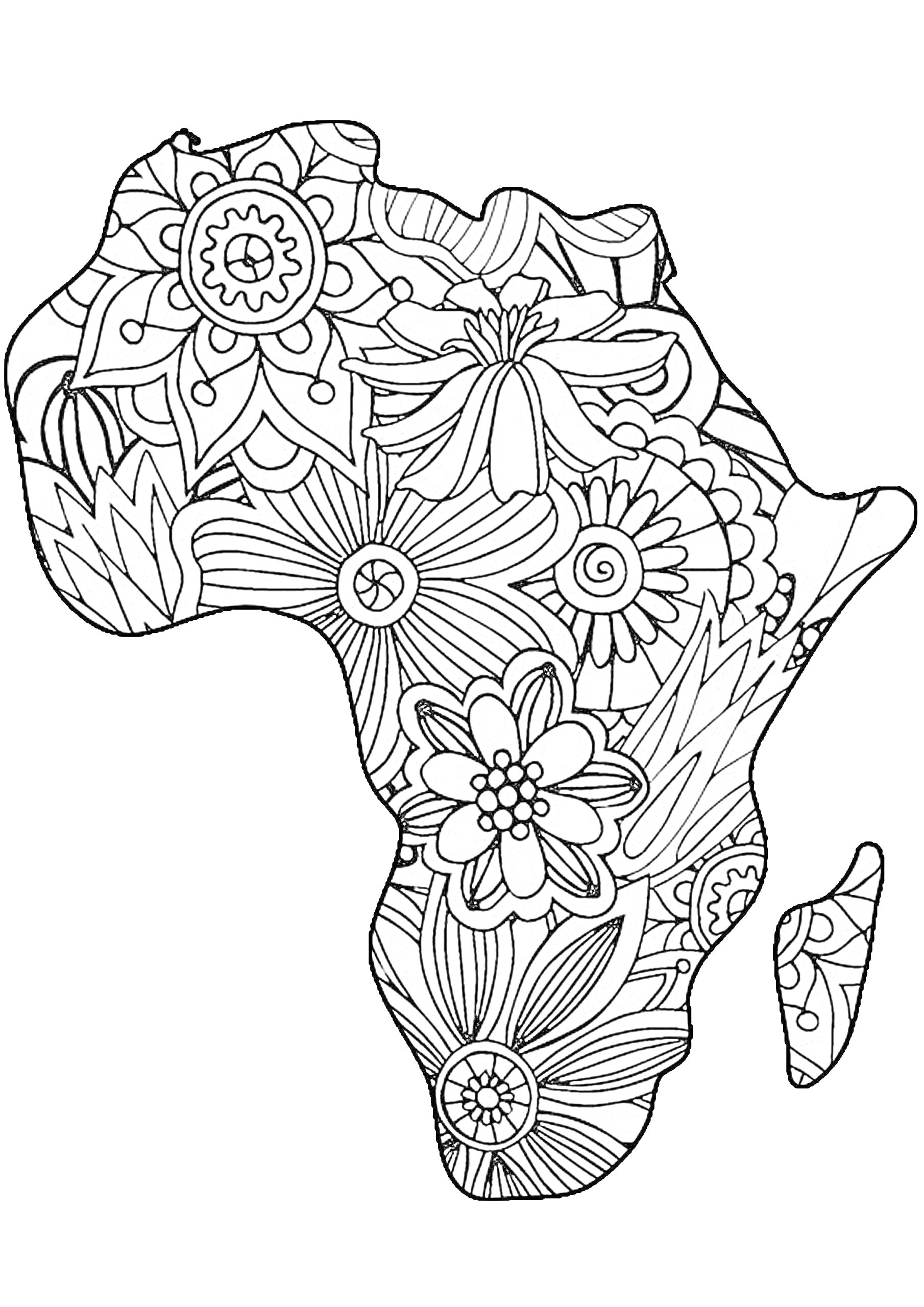Раскраска Контур Африки с цветочными узорами внутри
