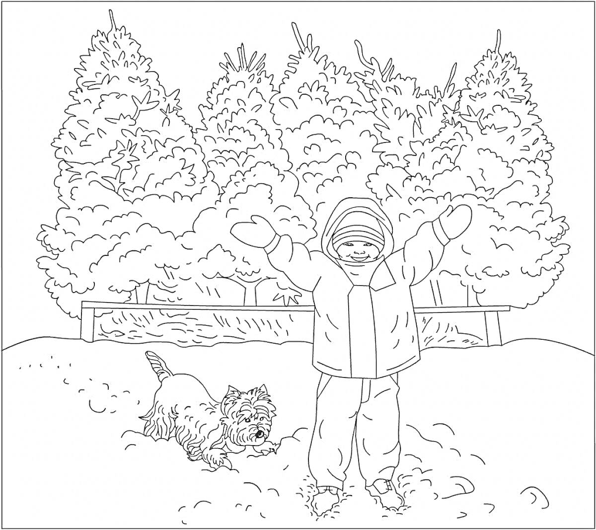 На раскраске изображено: Зима, Ребенок, Собака, Снег, Ёлки, Зимняя одежда, Лес, Прогулка