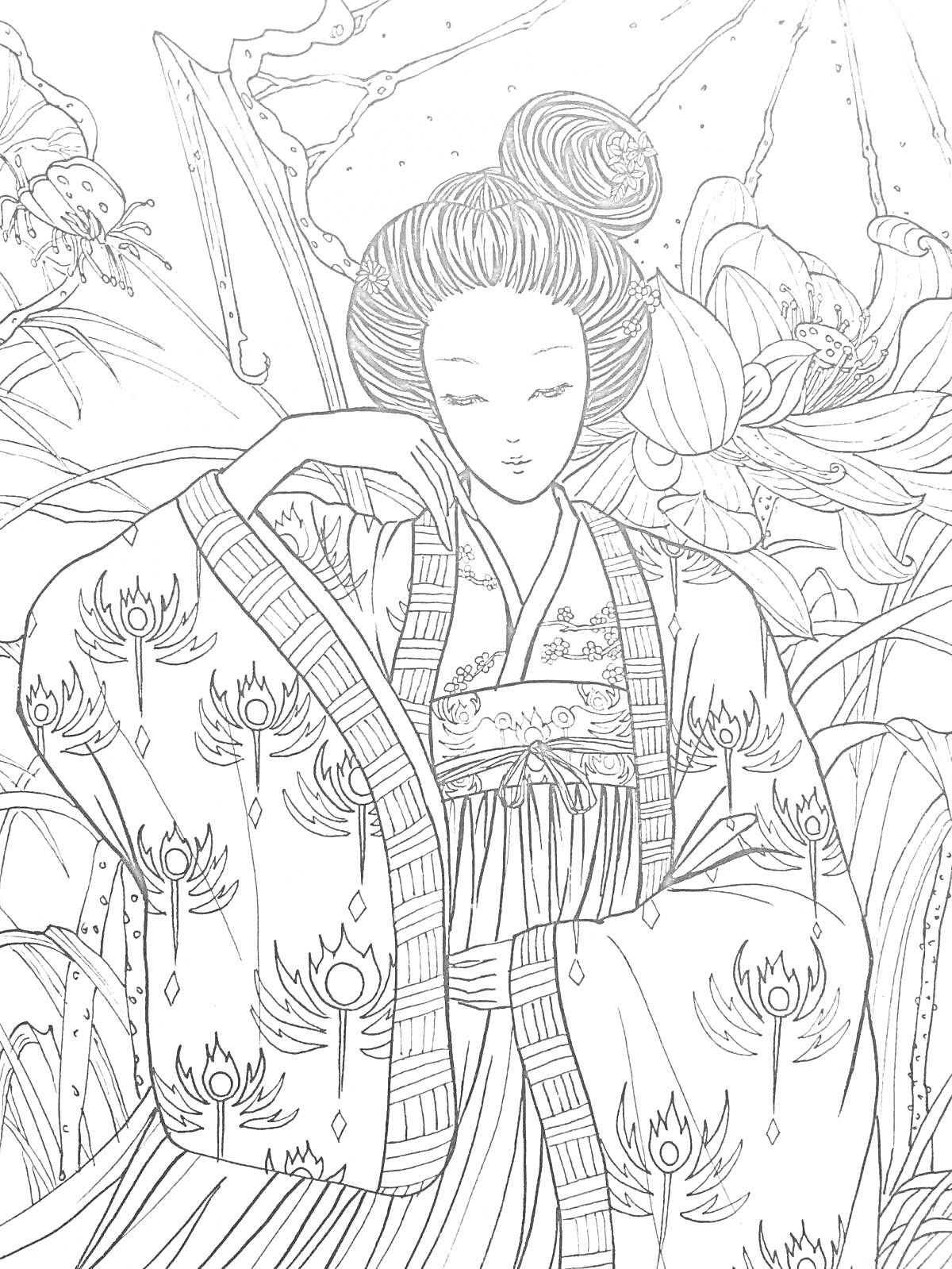 На раскраске изображено: Азия, Традиционная одежда, Женщина, Цветы, Культура, Спокойствие, Природа, Лотос, Узоры, Японская культура