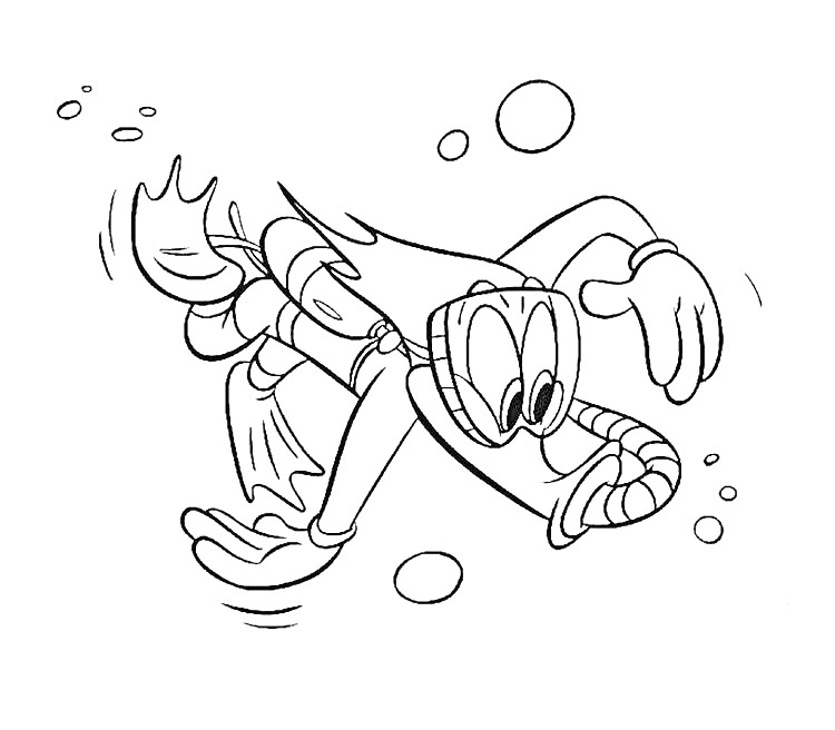 Вуди плывет под водой с маской и трубкой, вокруг пузыри