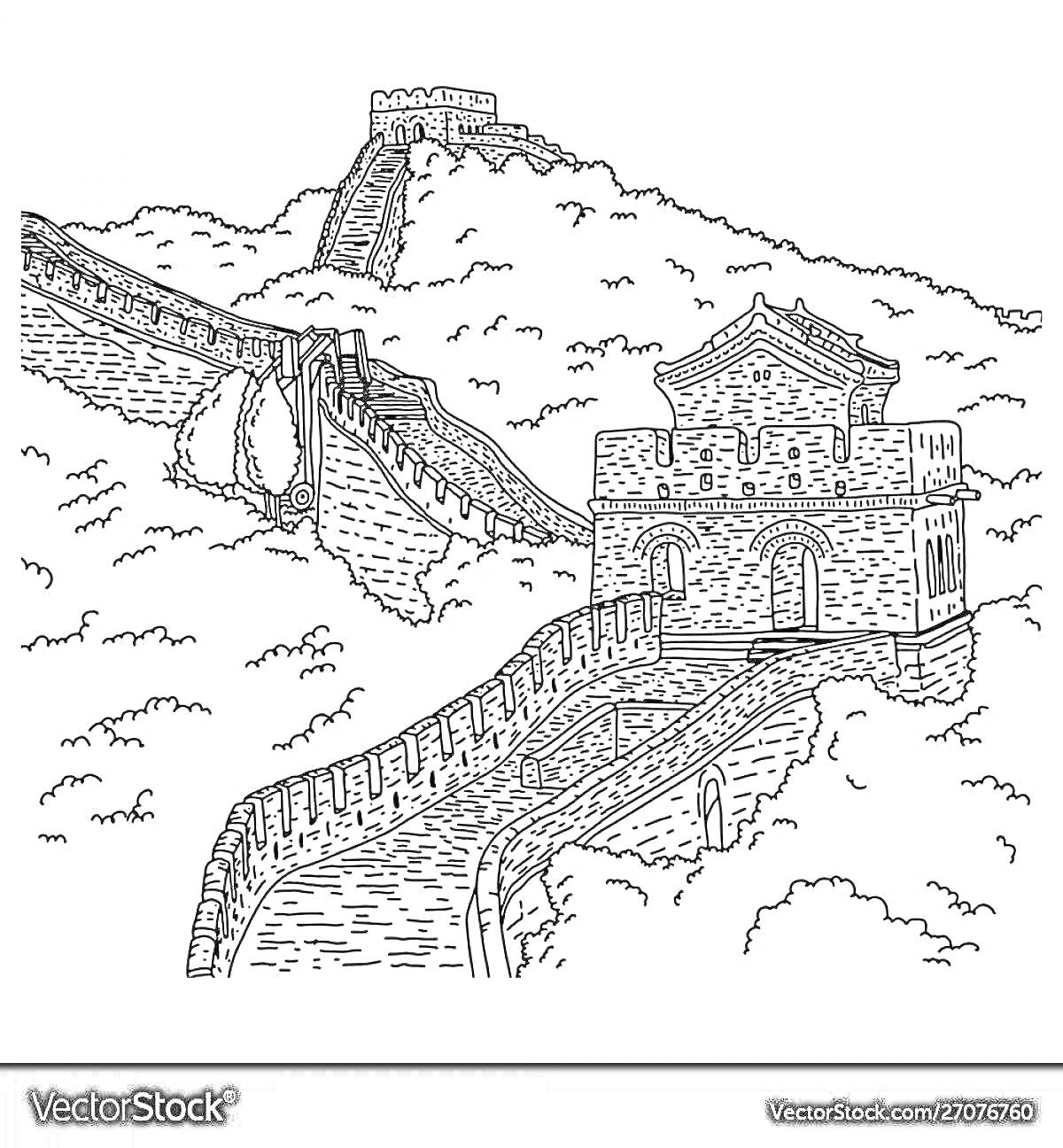 Раскраска Великая китайская стена с башней, участками стены и холмами на заднем плане