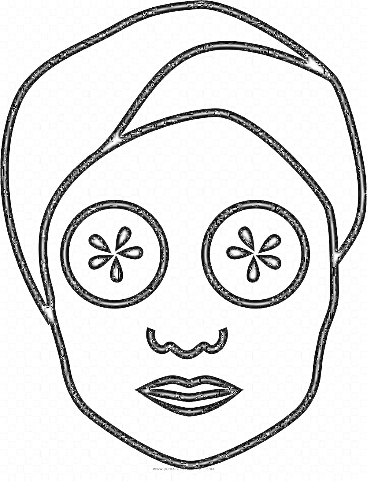 Раскраска Лицо с тканевой маской, огуречные кружки на глазах, волосы обернуты в полотенце