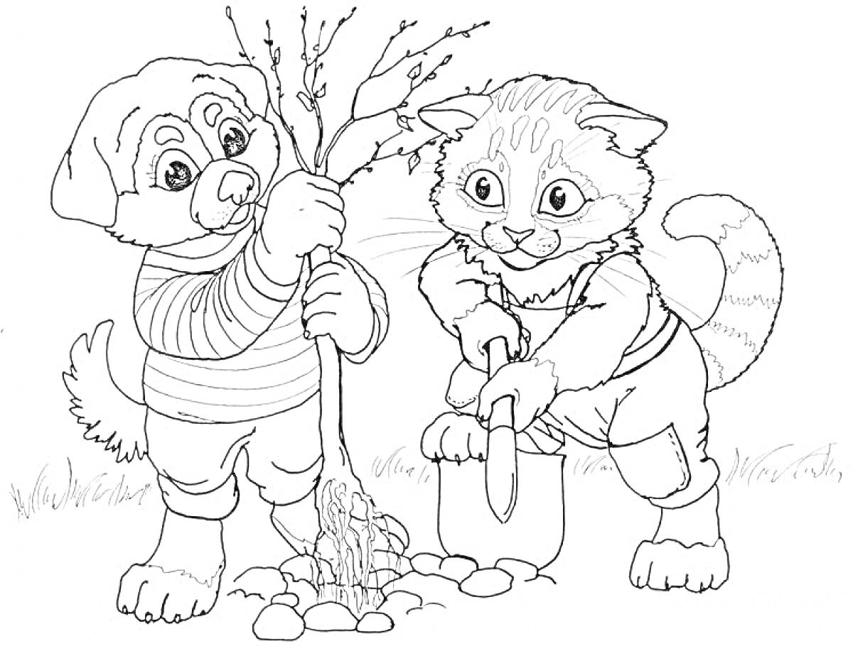 Раскраска Щенок и котенок сажают деревце