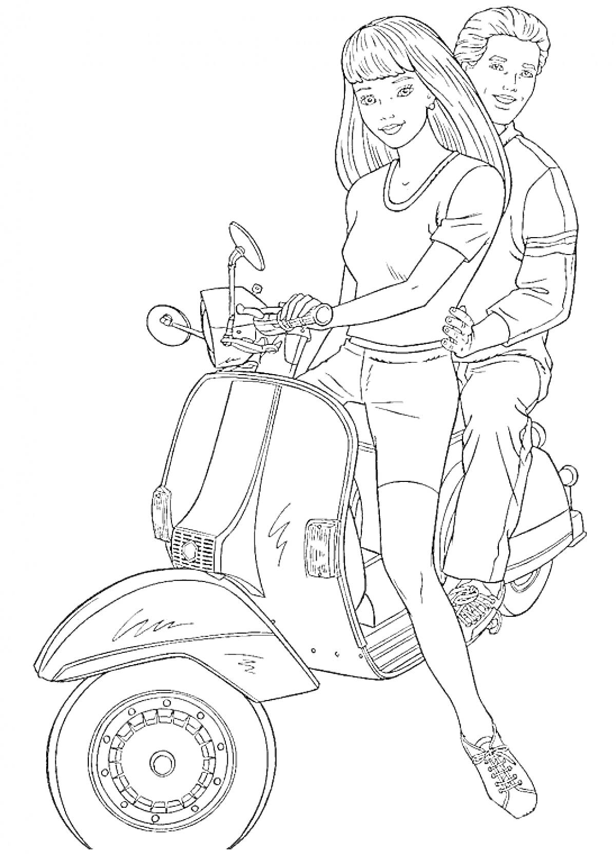Раскраска Барби и Кен на скутере