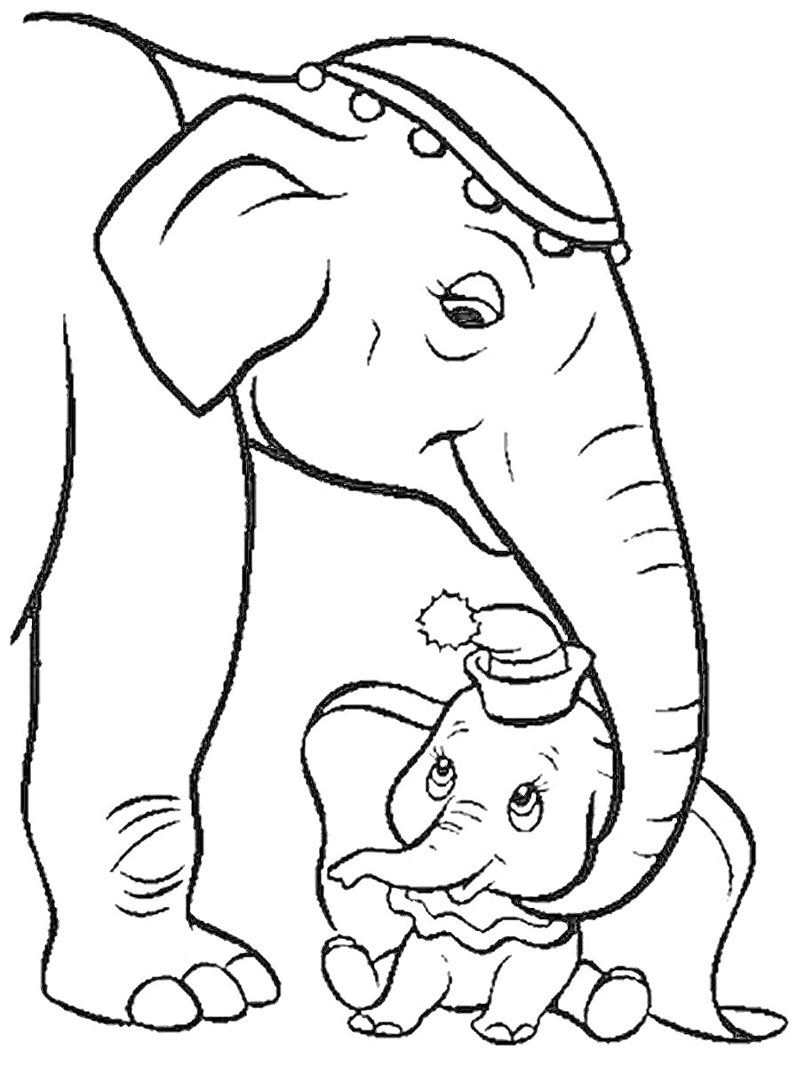 Раскраска Слонёнок Дамбо со взрослым слоном и шапочкой
