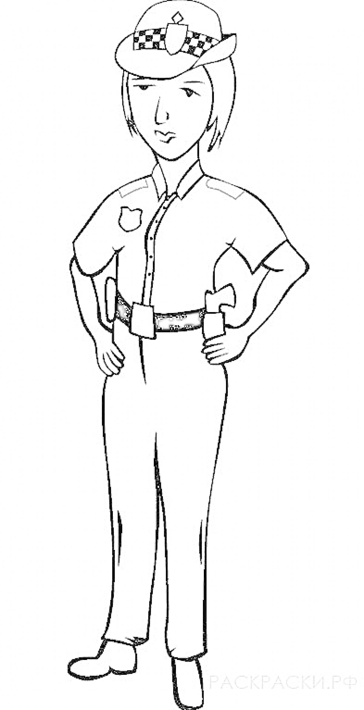 Раскраска Женщина-полицейский в форме с ремнём и значком, руки на поясе