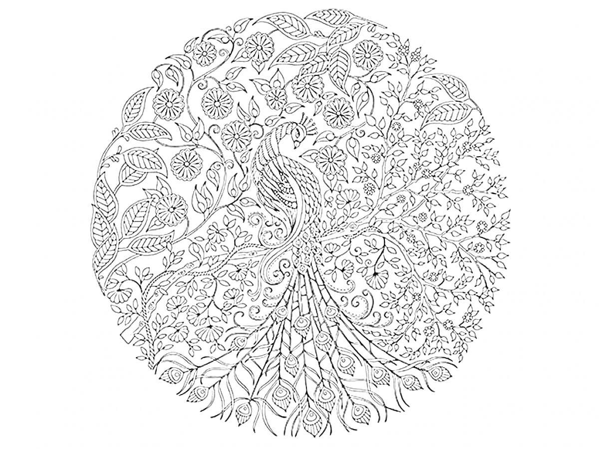 Раскраска Павлины среди листьев в цветочной рамке