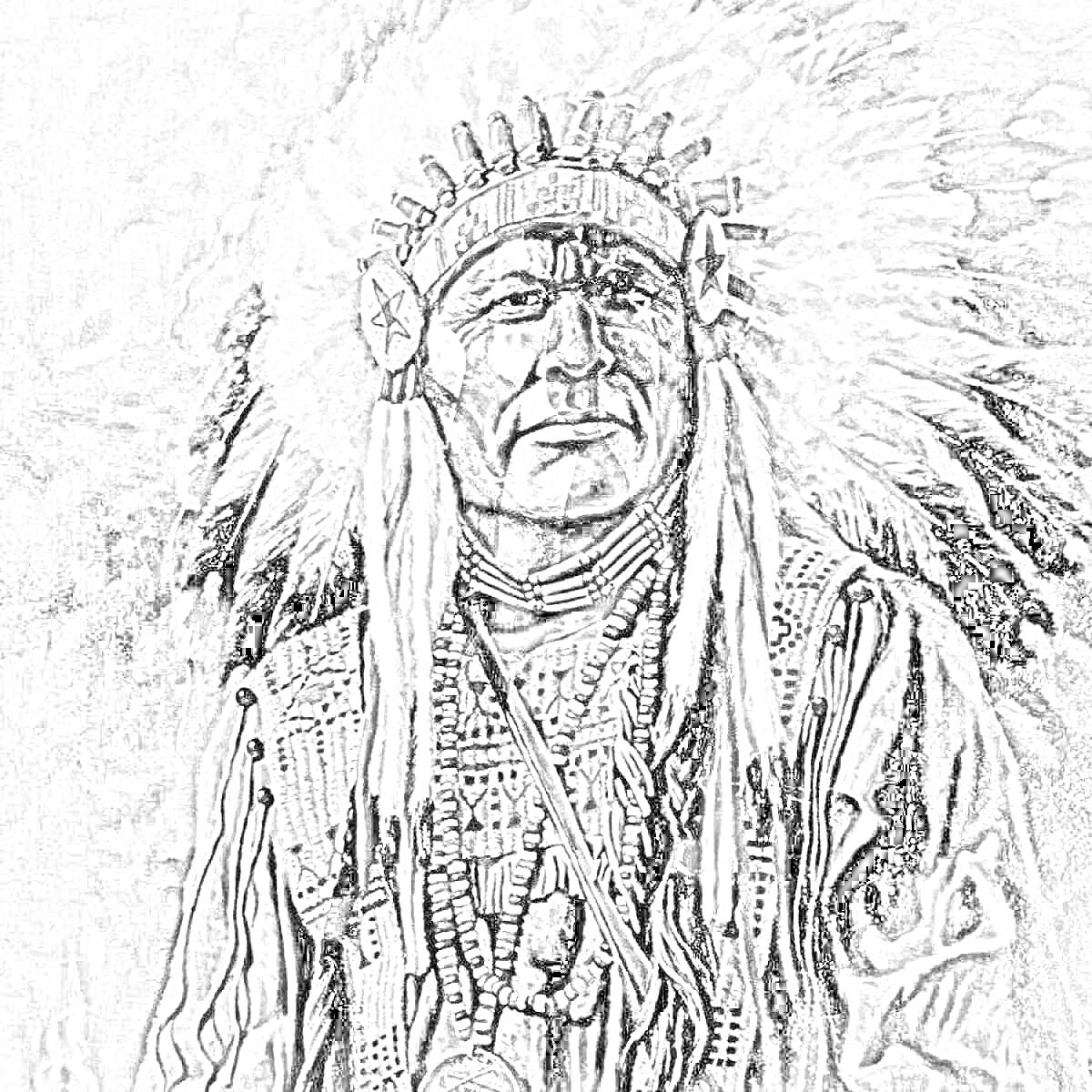 Раскраска Индейский вождь в боевом одеянии с пернатым головным убором и традиционными украшениями