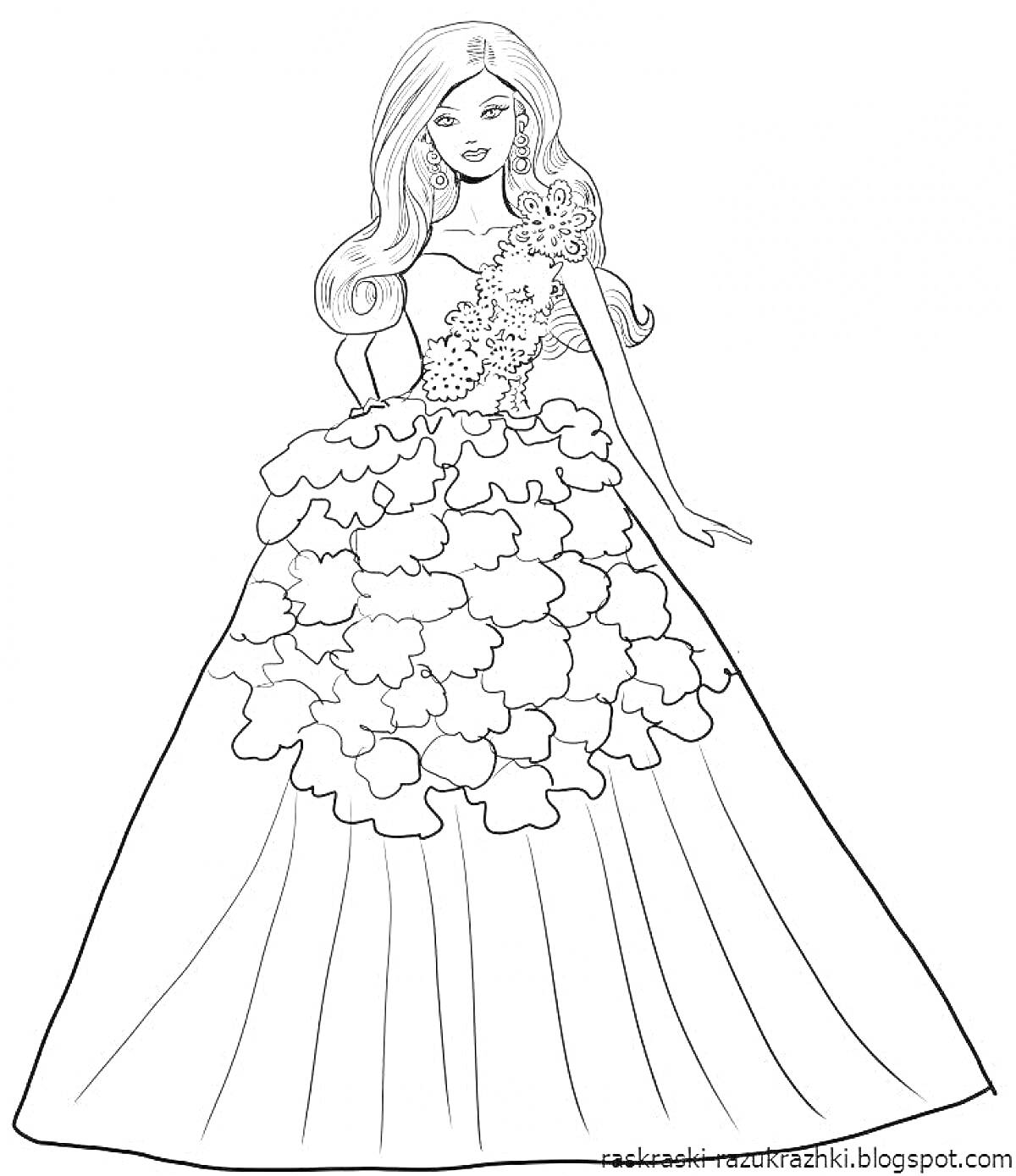 Раскраска Кукла Барби в длинном пышном платье с цветочным декором на лифе и юбке