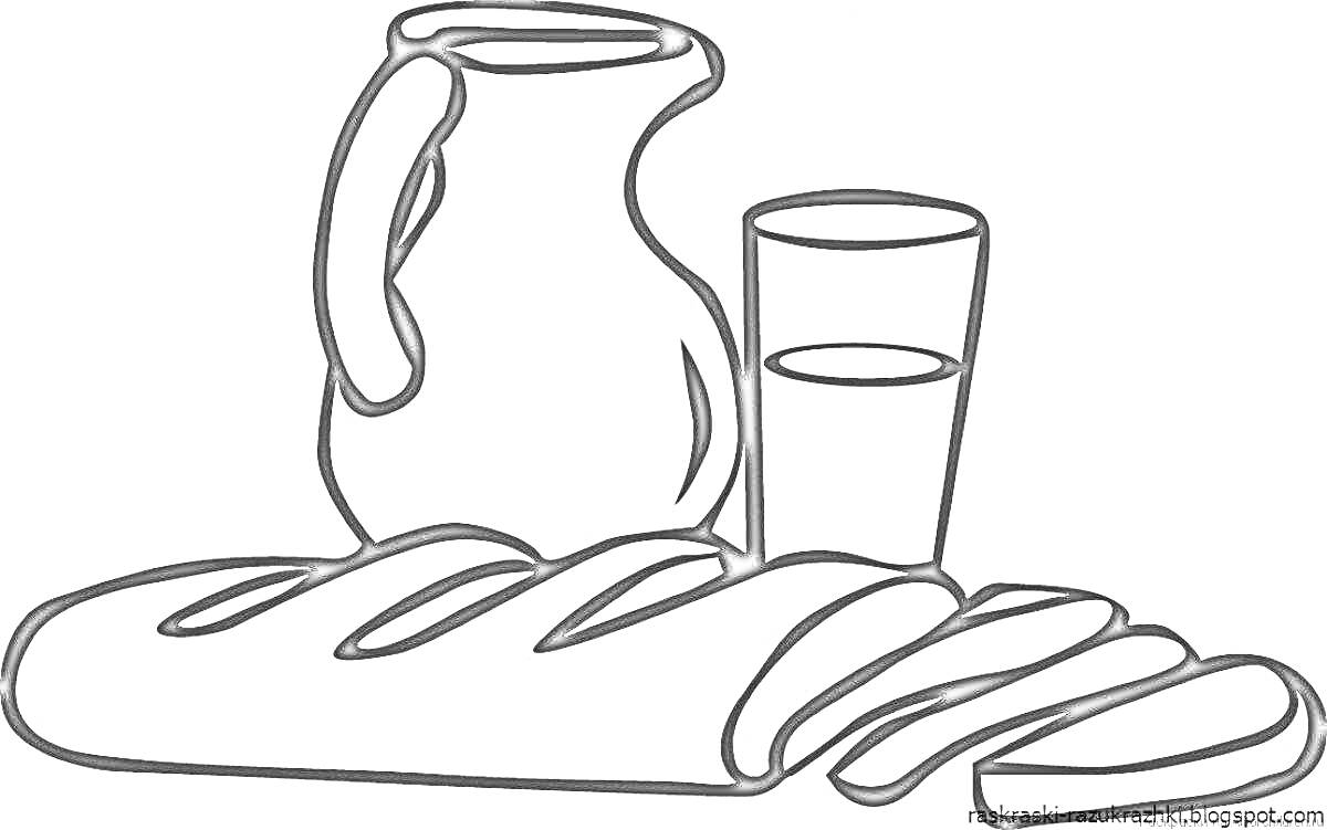 Раскраска Буханка хлеба с кувшином и стаканом молока
