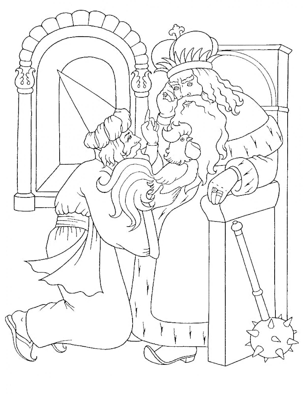Раскраска Царь на троне с золотым петушком и волхв, стоящий на коленях
