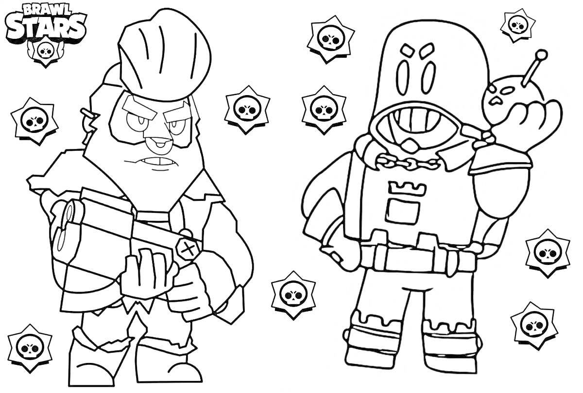 Раскраска Два персонажа из игры Brawl Stars на фоне черепов