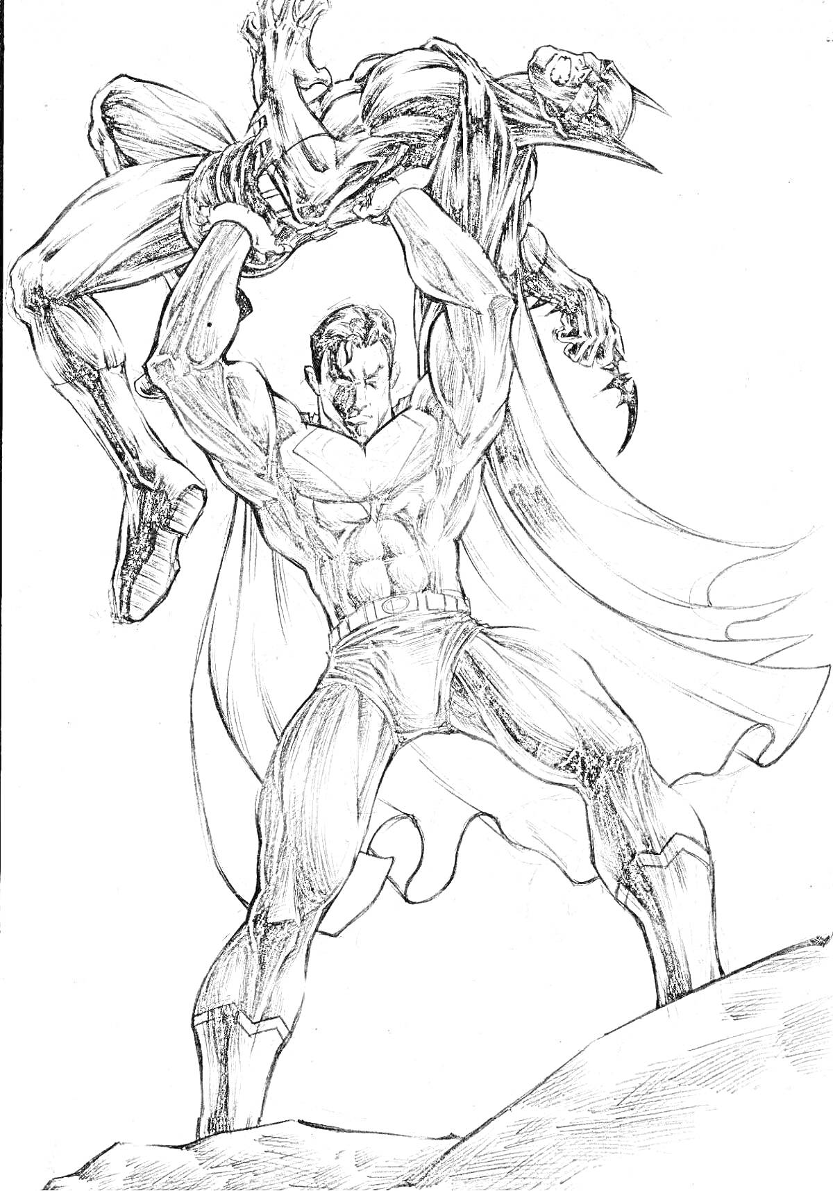 Раскраска Супермен держит на вытянутых руках Бэтмена