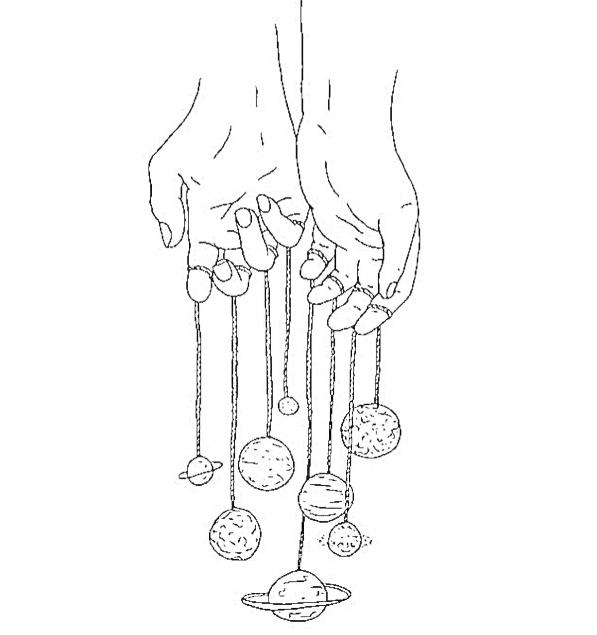 На раскраске изображено: Руки, Планеты, Нити, Космос, Вселенная, Абстракция