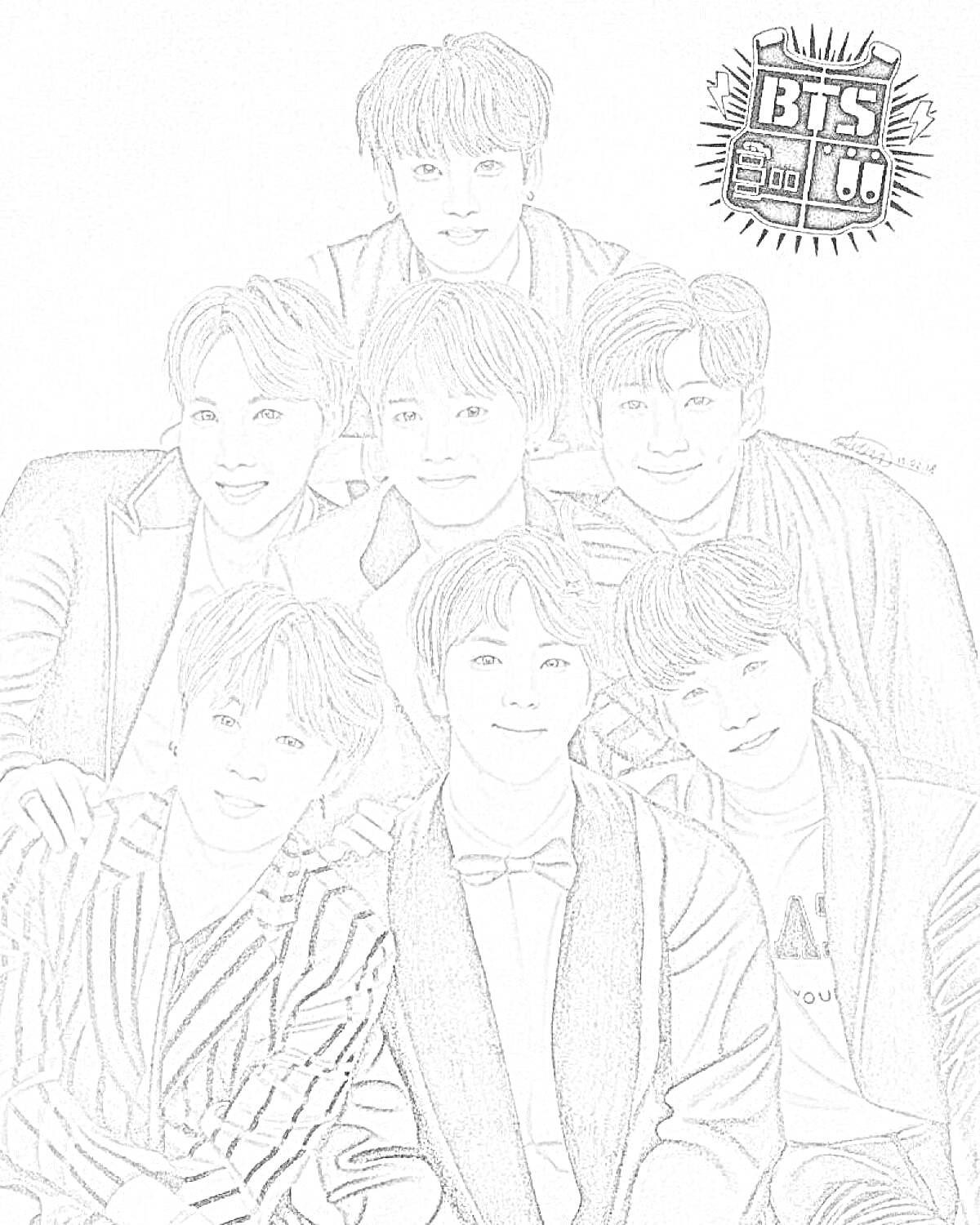 Раскраска Портрет семи участников BTS с логотипом BTS на фоне