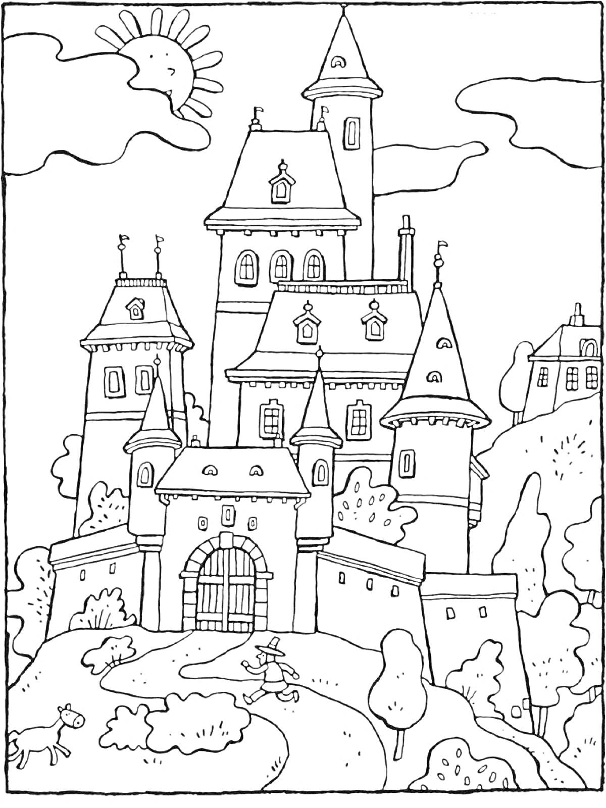 Раскраска Замок с башнями и воротами в окружении природы с солнцем и облаками. Человек с флагом, собака, кусты и деревья.