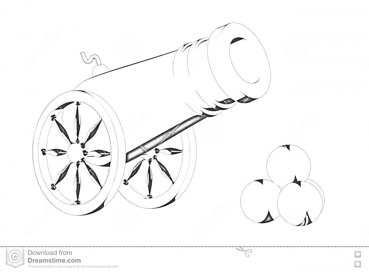 На раскраске изображено: Царь-пушка, Пушка, Ядра, Артиллерия, Оружие, История