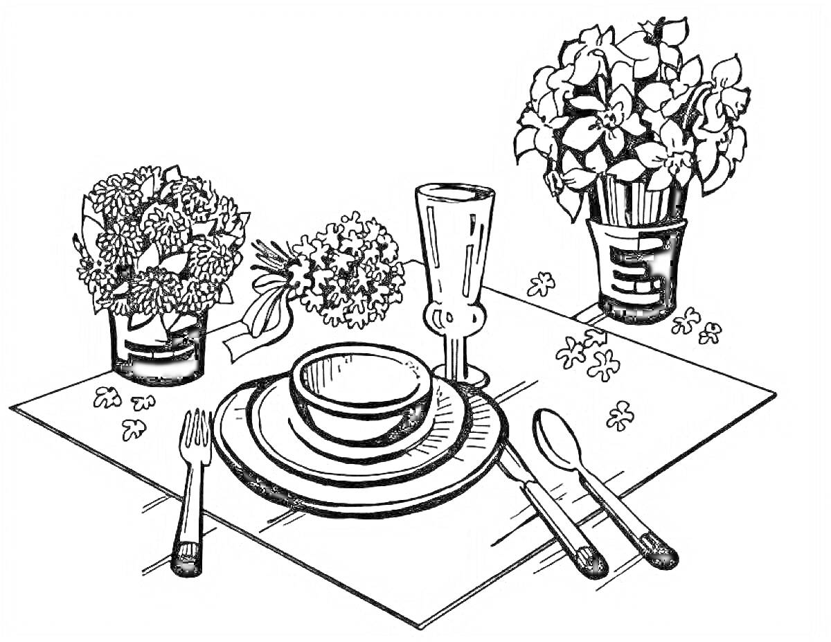 На раскраске изображено: Сервировка стола, Тарелка, Миска, Вилка, Нож, Ложка, Бокал, Цветы, Растение в горшке