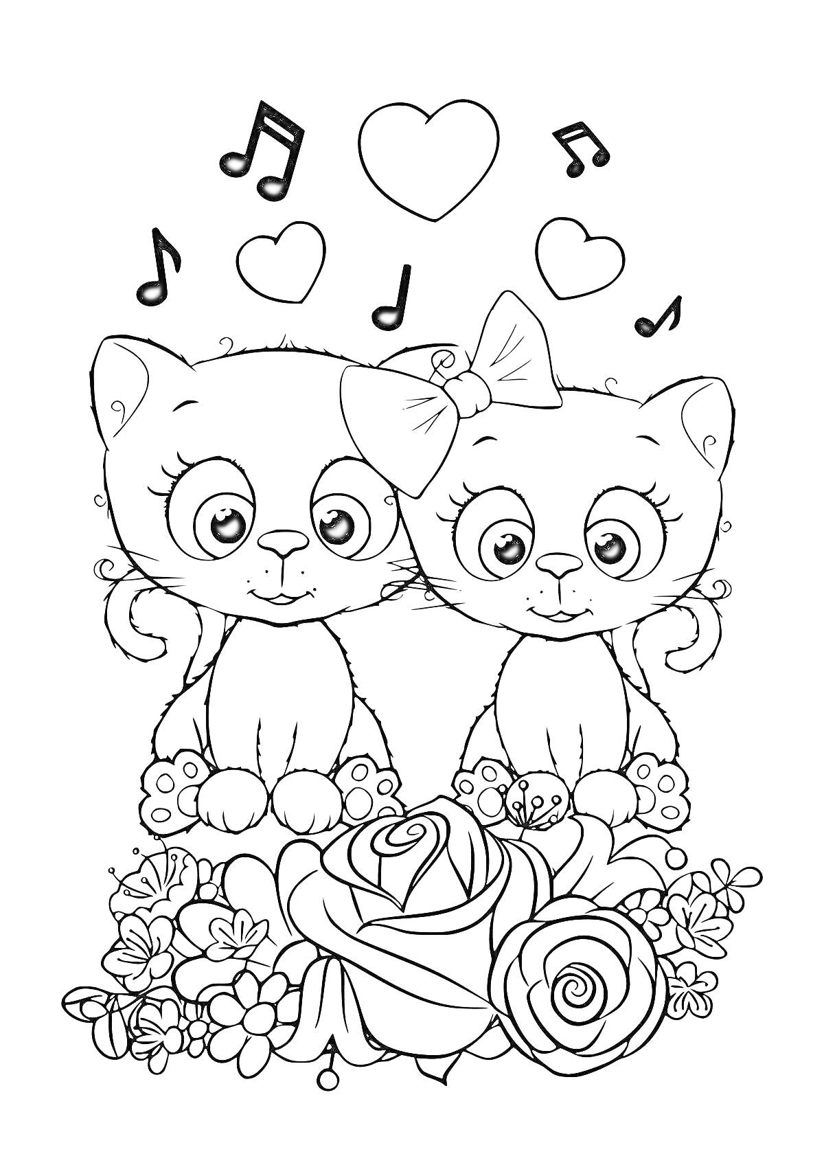 Раскраска Два котенка с бантиком и цветами, музыкальные ноты и сердечки