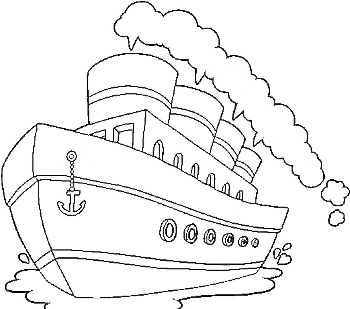 На раскраске изображено: Пароход, Корабль, Море, Дым, Волны, Иллюстрация