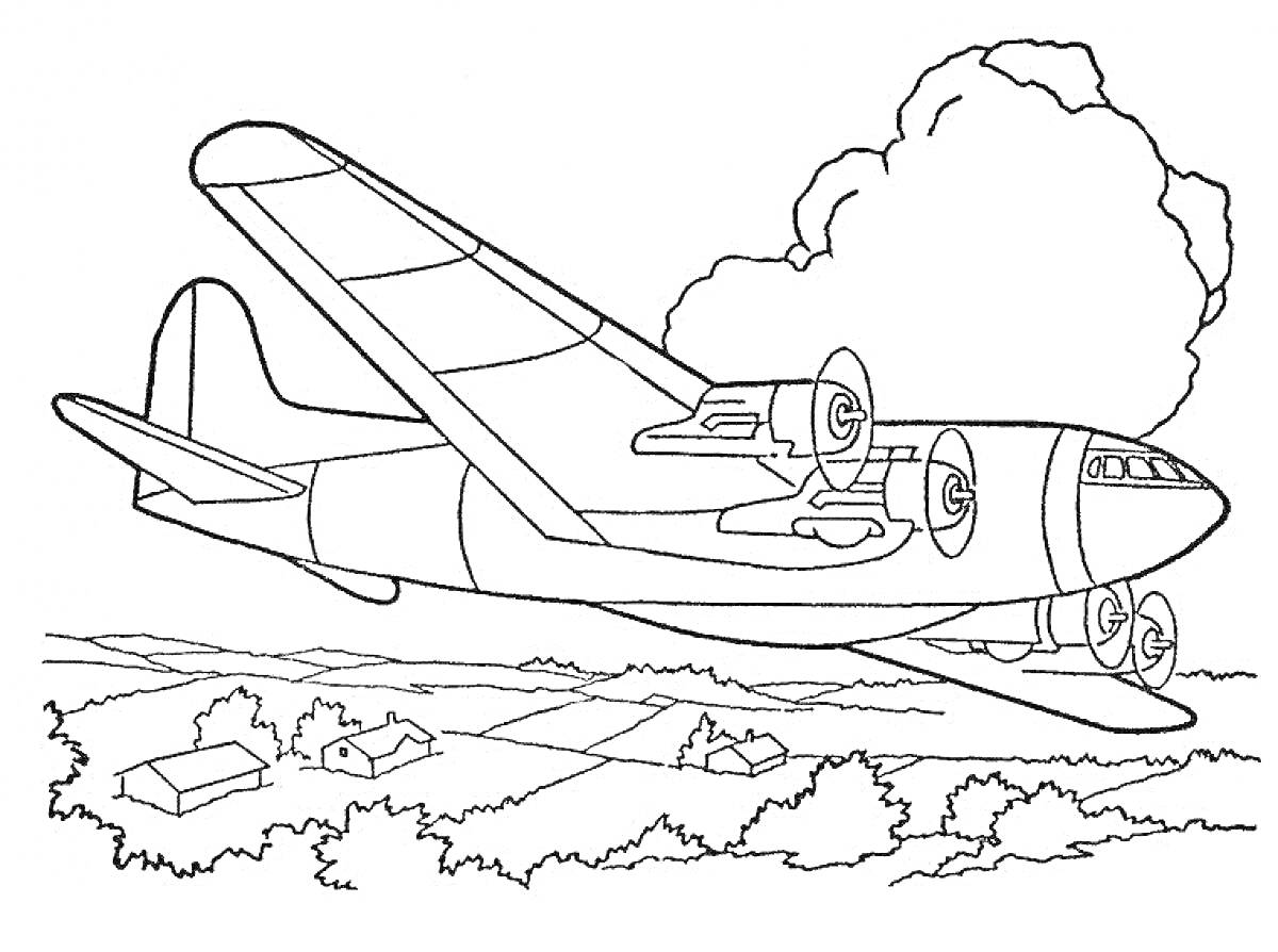 На раскраске изображено: Воздушный транспорт, Полет, Небо, Облака, Деревья