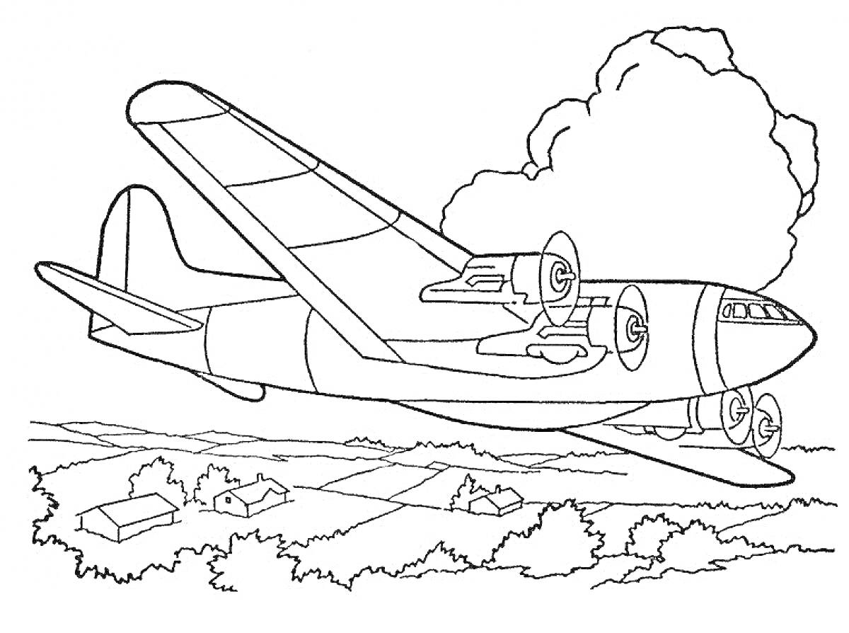 Раскраска Самолет в полете над домами и деревьями на фоне облаков
