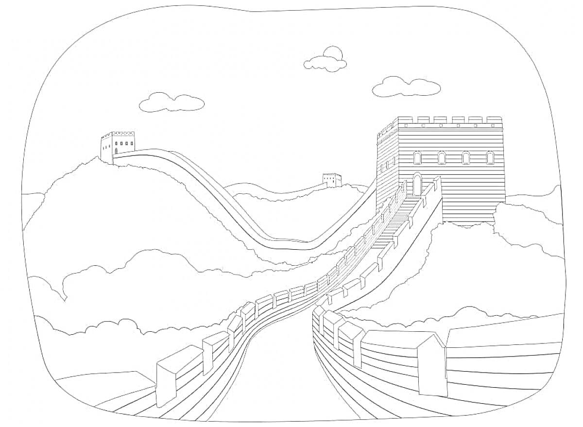 Раскраска Великая Китайская стена с башнями, окружающими холмами и облаками