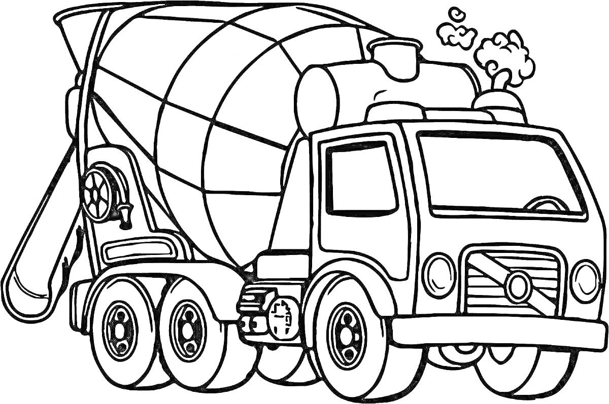 Раскраска Бетономешалка с трубой и дымом, большой бак для цемента и колесами