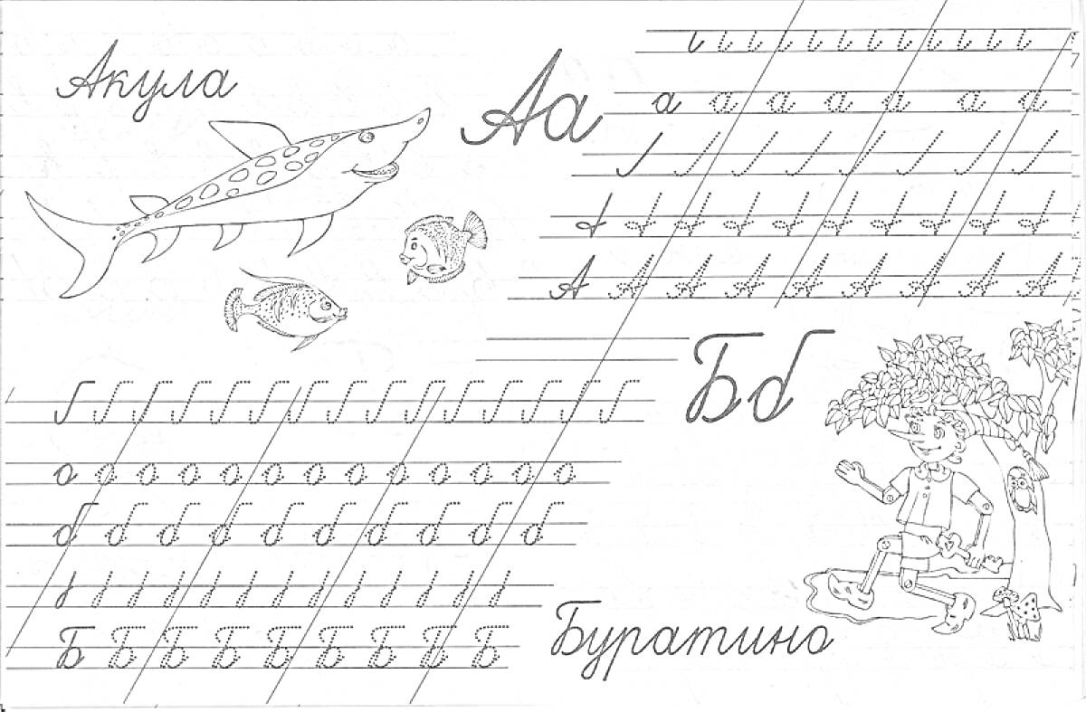 На раскраске изображено: Прописные буквы, Акулы, Буква А, Буква Б, Буратино, Деревья, Рыба