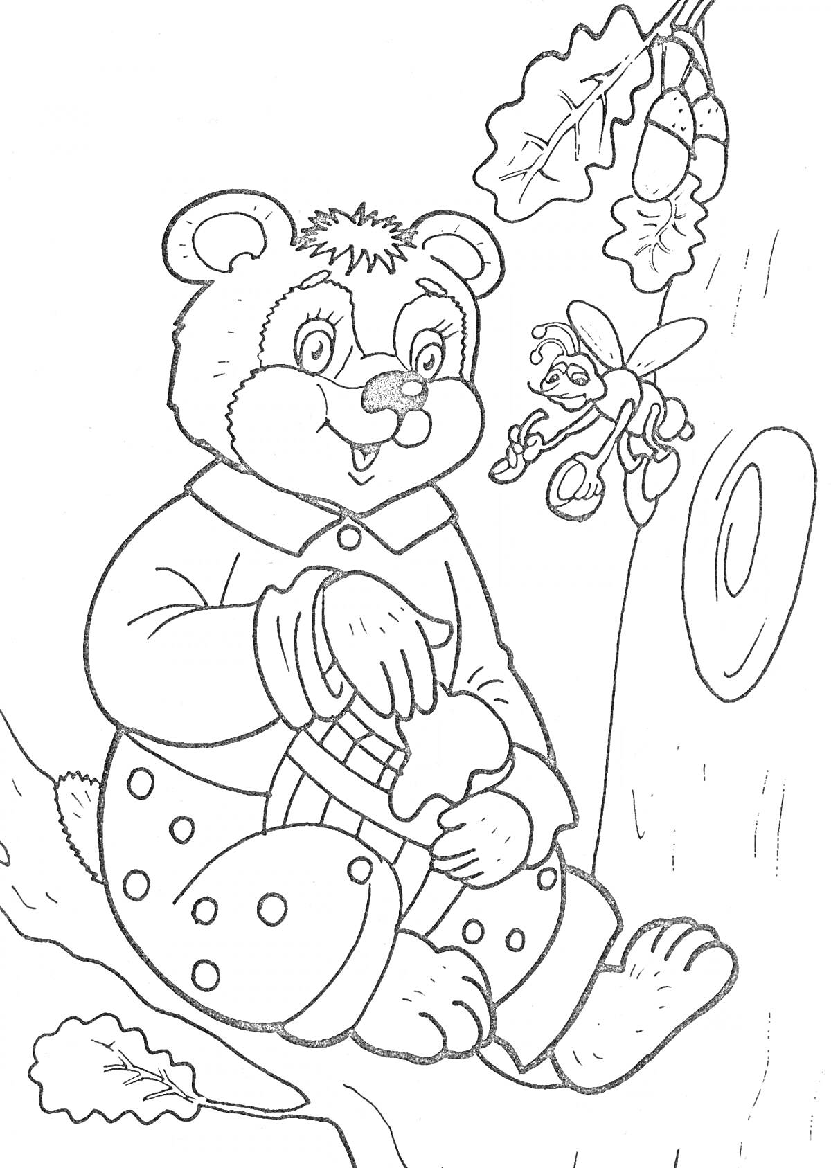 На раскраске изображено: Медведь, Корзина, Лес, Листья, Теремок, Животные