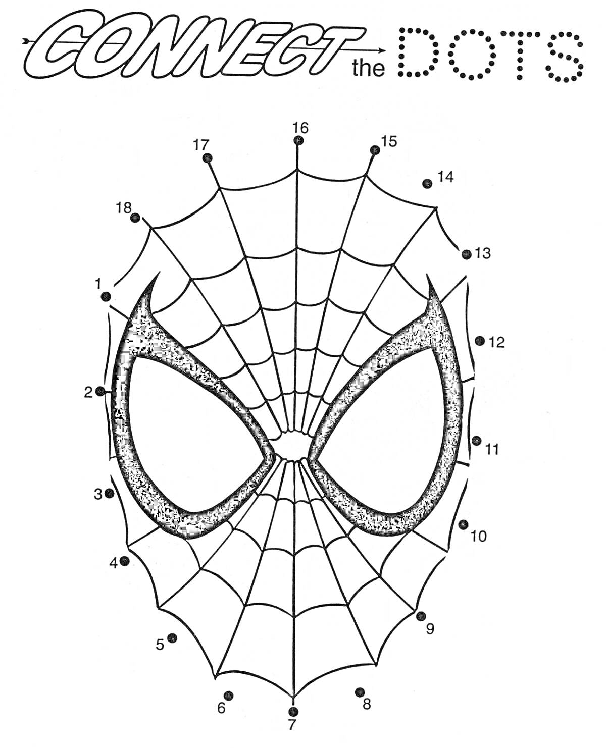 Раскраска Соедини по точкам: лицо человека-паука на фоне паутины