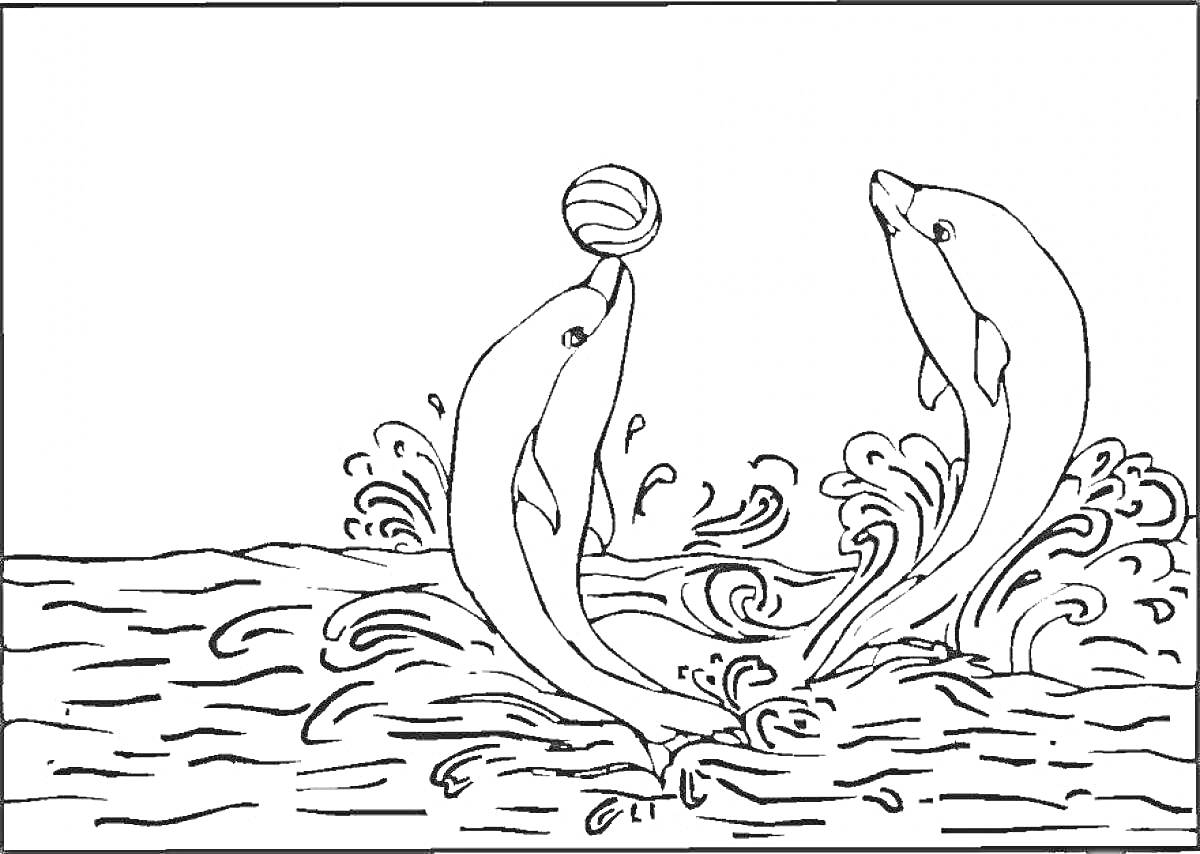 На раскраске изображено: Дельфин, Вода, Мячик, Волны, Морские животные