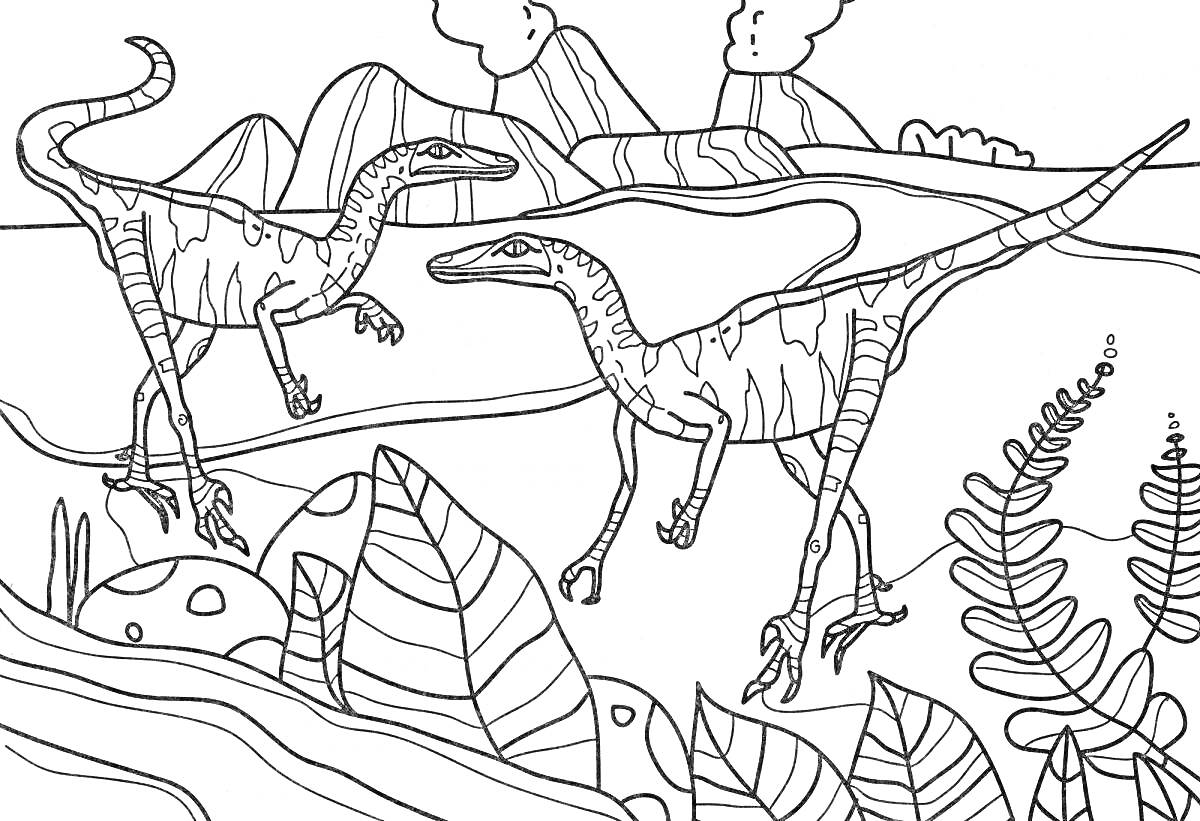Раскраска Два динозавра, бегущие по долине с деревьями, растениями и вулканами на заднем плане
