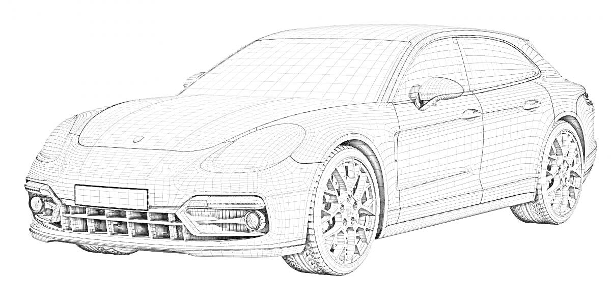 Раскраска Порше Панамера в виде эскиза с сеточной структурой