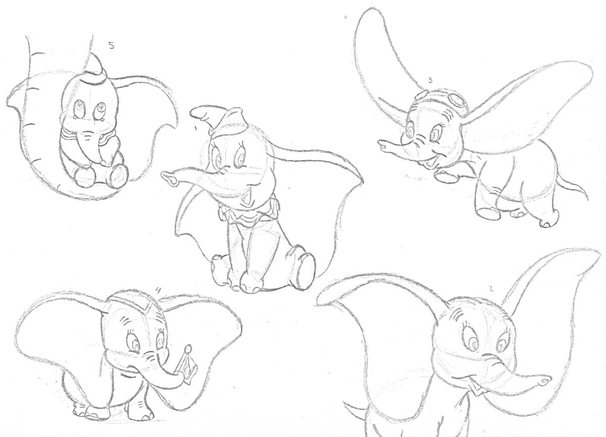Раскраска Пять слонов с большими ушами в разных позах