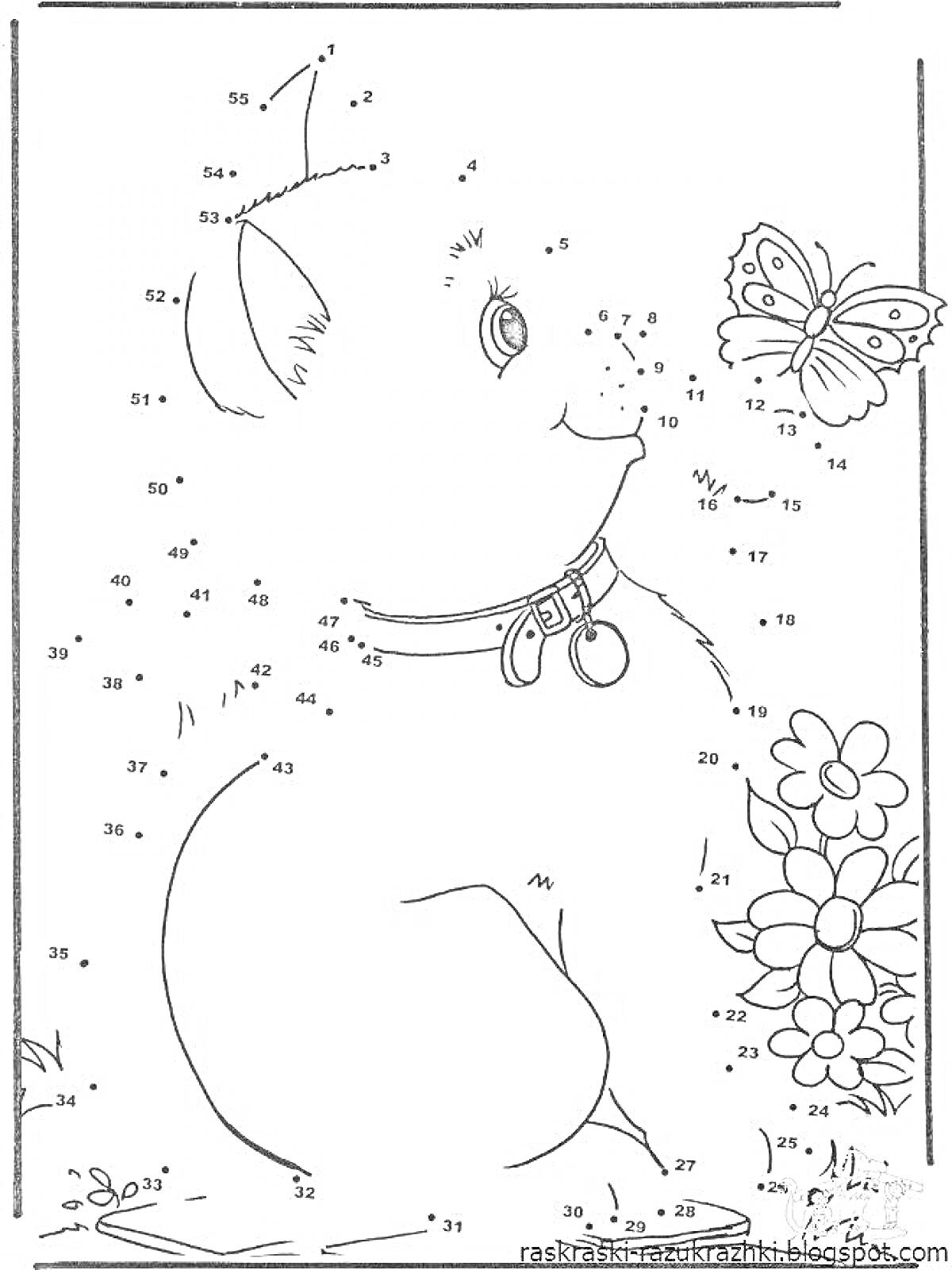 Раскраска Милый котенок с бабочкой и цветами