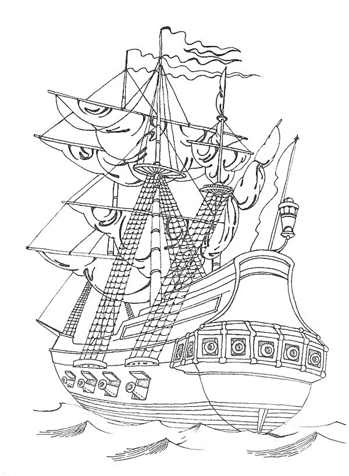 На раскраске изображено: Корабль, Петр 1, Море, История, Паруса, Мореплавание, Парусники