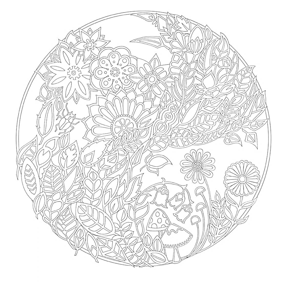 Раскраска Круглый узор с цветами, листьями и грибами