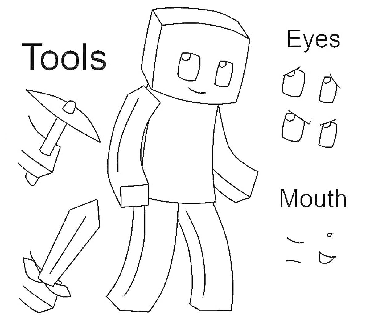 Раскраска Персонаж, инструменты, глаза и рот