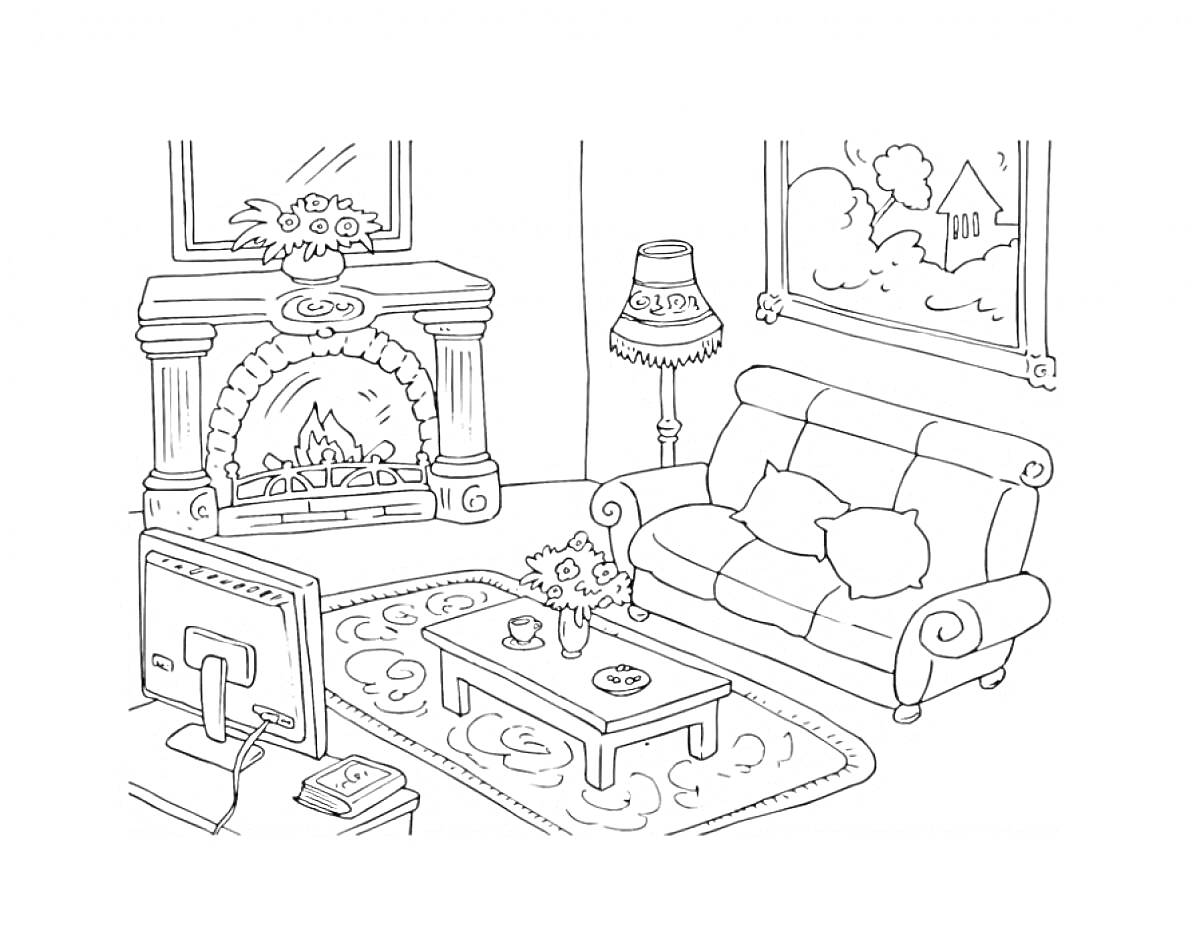 Раскраска Гостиная с камином, диваном, столиком и телевизором