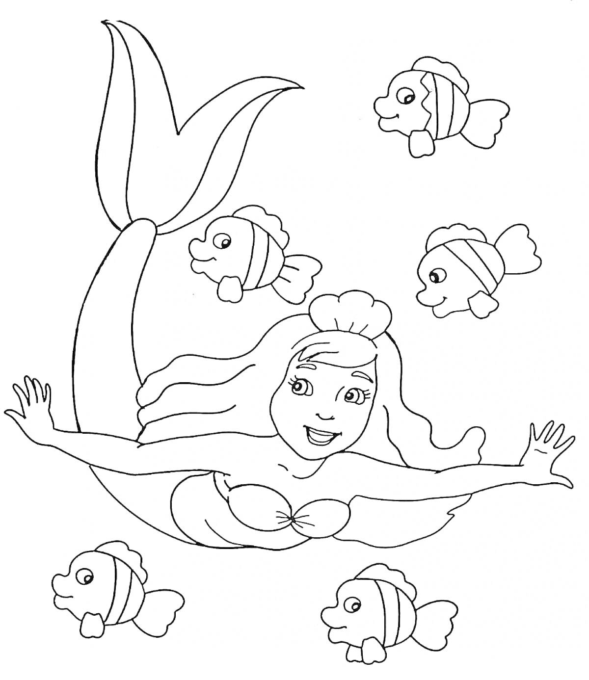 На раскраске изображено: Русалка, Подводный мир, Плавание, Русалочий хвост