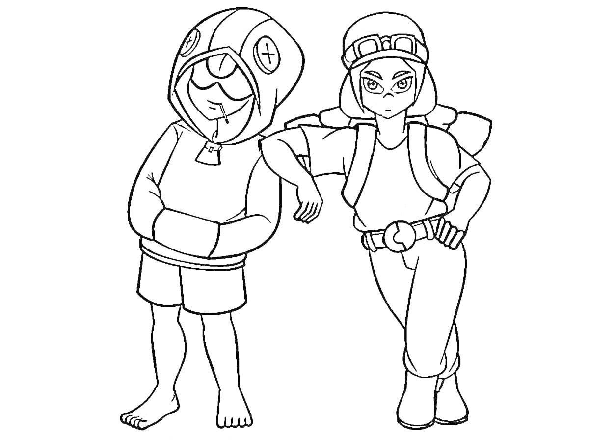 Раскраска Два персонажа, один в толстовке с капюшоном и персонаж в каске и с наколенниками