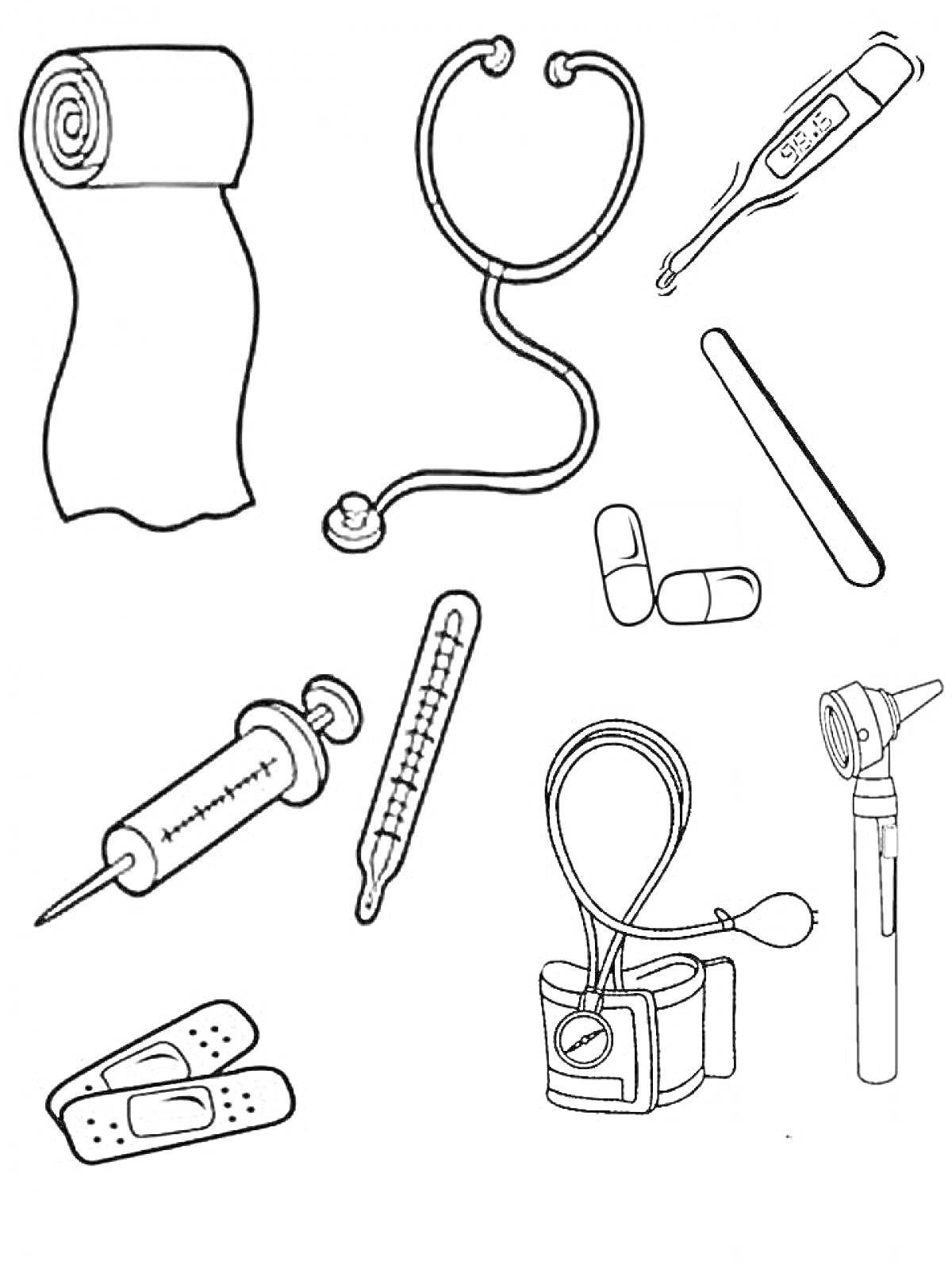 Набор доктора с бинтом, стетоскопом, термометром, шприцем, капсулами, лентой для горла и медицинскими инструментами