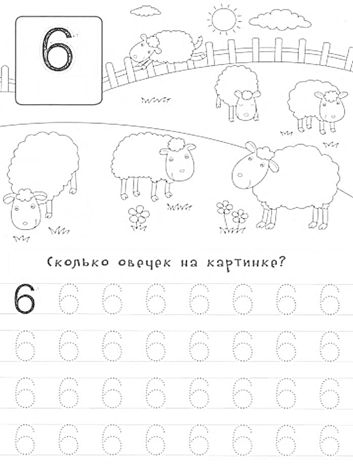 Прописи цифры 6 с картинкой овец, вопросом и упражнениями на обведение цифры