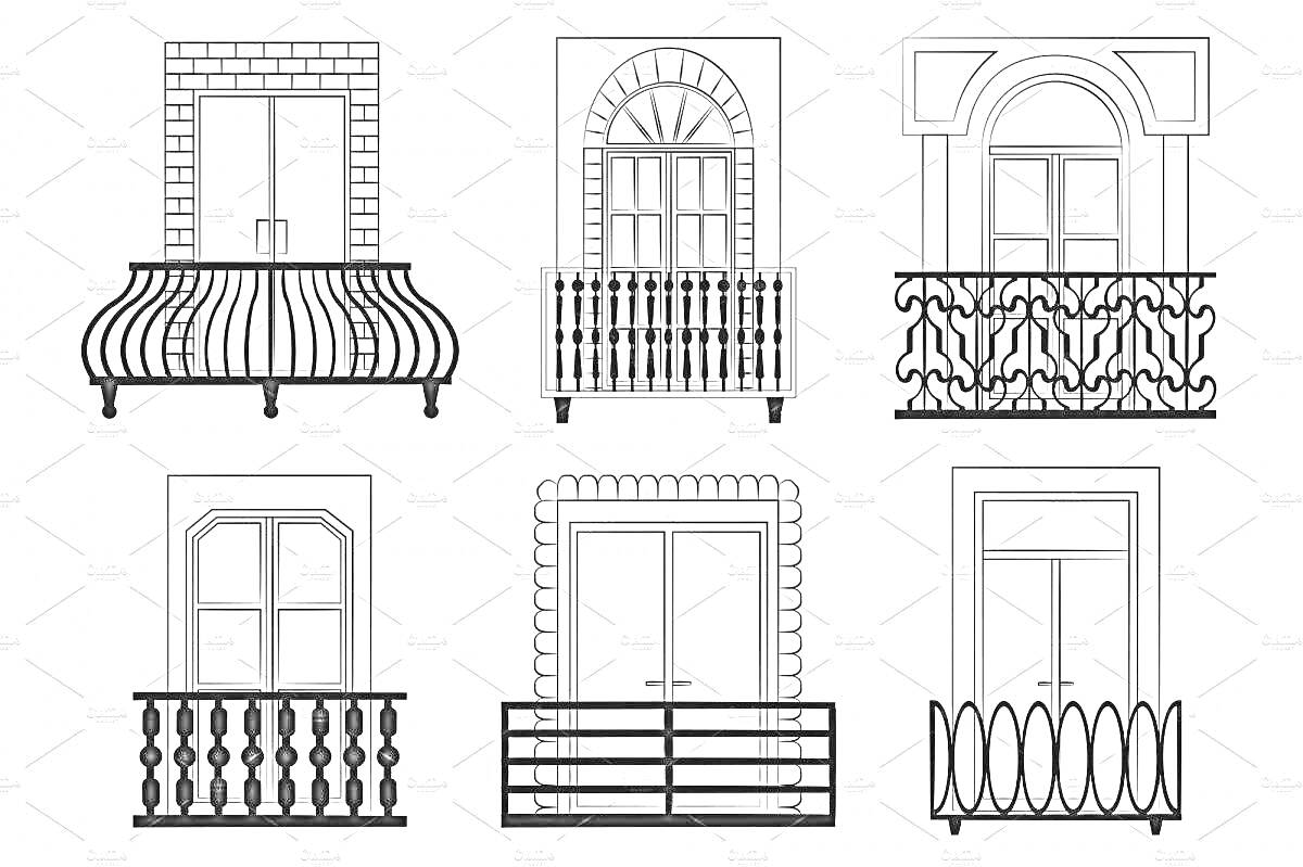 Раскраска Шесть вариаций балконов: кирпичный балкон с изогнутыми перилами, арочный балкон с вертикальными балясинами, классический балкон с декоративными коваными перилами, простой балкон с балясинами, прямоугольный балкон с горизонтальными перилами, и современный 