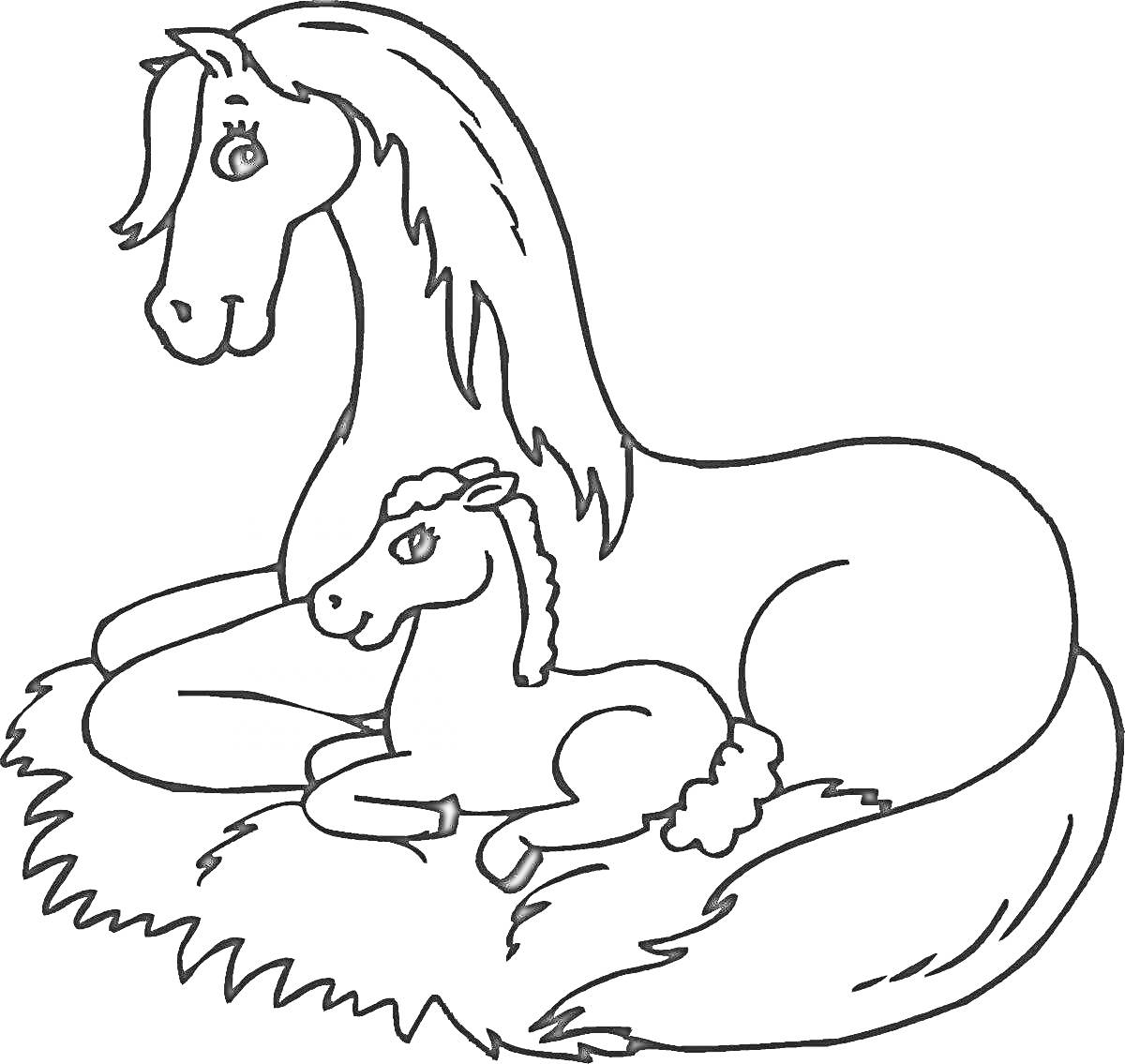Раскраска Лошадь и жеребенок лежат вместе на траве