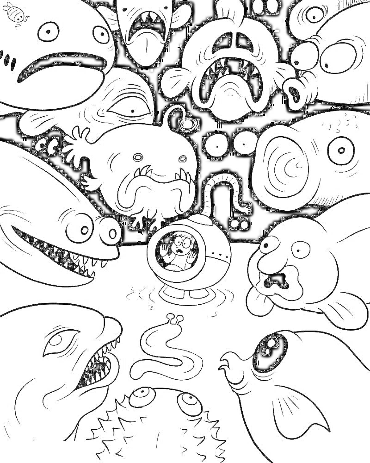 Раскраска Подводная экспедиция среди морских монстров (водолаз в батискафе, морские монстры, рыбы с острыми зубами, рыбы-шар, светящиеся рыбы, рыбояд)