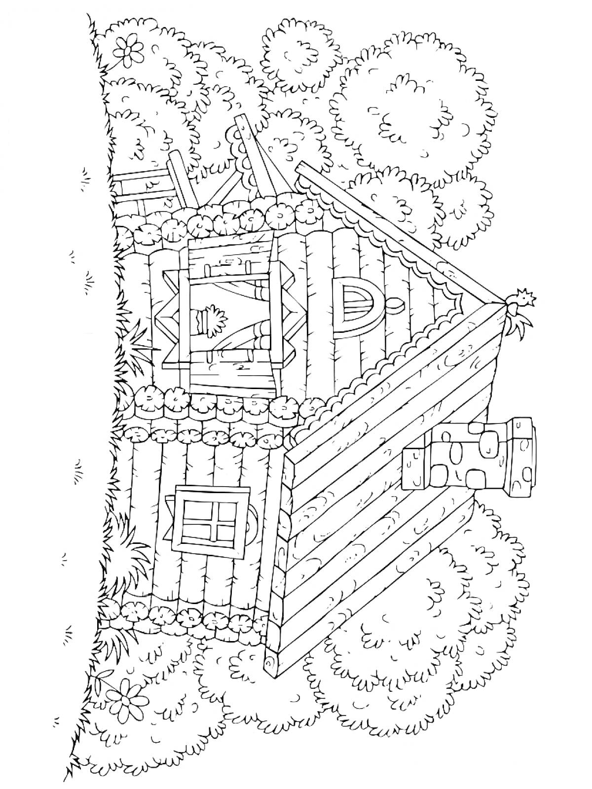На раскраске изображено: Домик, Черепичная крыша, Труба, Дверь, Кусты, Деревья, Окна
