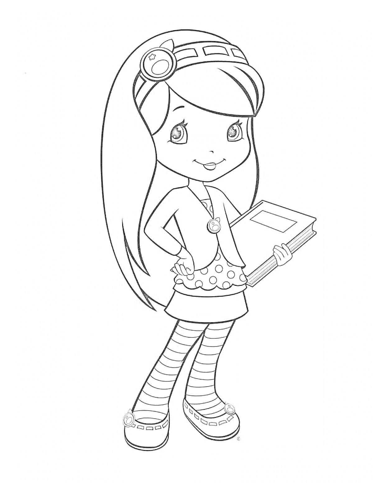 Раскраска девочка с длинными волосами, в повязке, с книгой, в юбке и леггинсах, в туфлях на каблуках