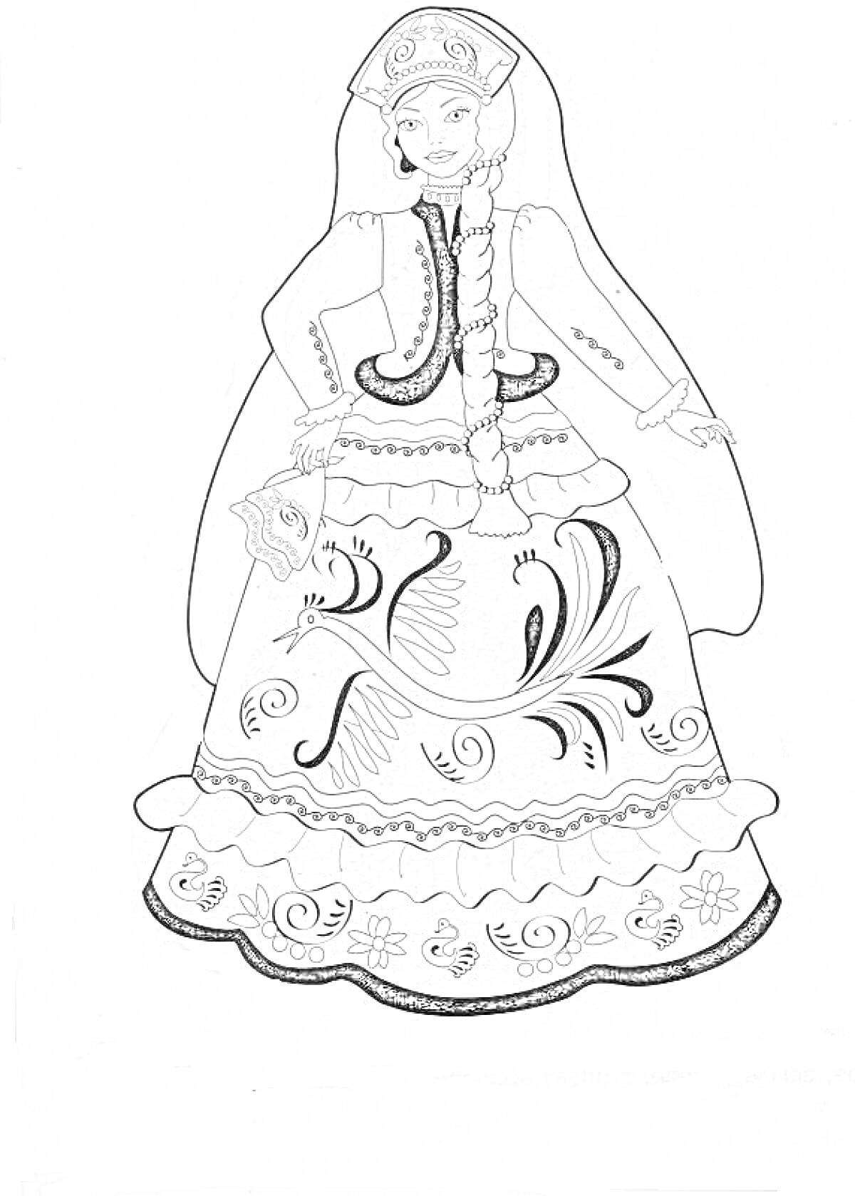 Раскраска Барышня в традиционном русском костюме с узорами и кокошником